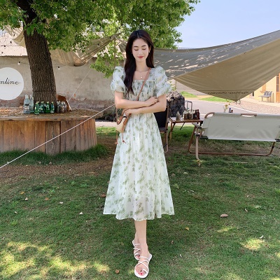 小个子碎花雪纺连衣裙女夏季2025新款泡泡袖收腰显瘦气质a字裙子