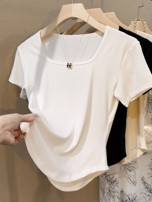 杏色莫代尔冰丝短袖t恤女夏百搭弧形下摆修身收腰不规则短款上衣