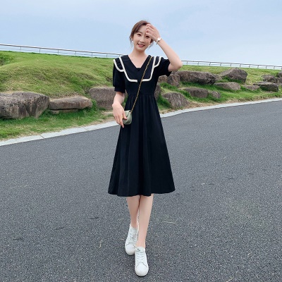 小个子高级感黑色连衣裙2025新款女泡泡袖气质收腰雪纺a字裙子夏