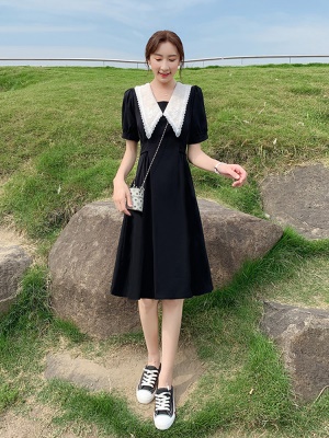 小个子黑色雪纺连衣裙女夏2025新款娃娃领气质显瘦小黑裙a字裙子