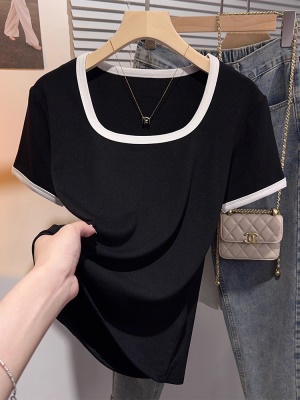 方领撞色T恤女短袖韩系纯欲修身辣妹漂亮小众气质冰丝上衣打底衫