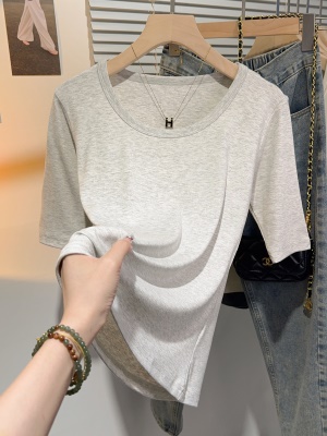 甜美舒适中袖T恤女短袖夏季2025爆款u领五分袖正肩修身高级感上衣