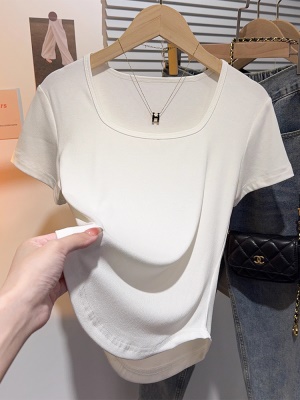 高端精致方领白色短袖t恤女装夏季锁骨显瘦小众U型下摆上衣打底衫