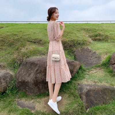 小个子粉色仙女雪纺碎花连衣裙女夏季2025新款显瘦气质v领a字裙子