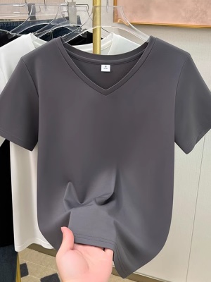 冰丝V领短袖T恤女2025新款黑色宽松显瘦时尚洋气夏季打底天丝上衣