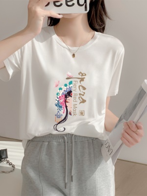夏季冰丝短袖女t恤国潮脸谱潮牌印花体恤高级小众设计感上衣2025