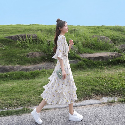 碎花雪纺连衣裙女夏2025新款收腰显瘦气质小清新仙女a字蛋糕裙子