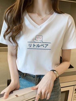 2025新款V领正肩纯棉短袖T恤女白时尚百搭减龄显瘦上衣打底衫夏季