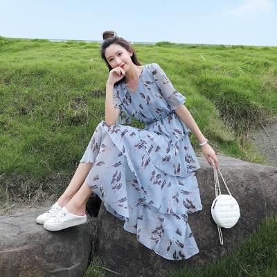 碎花雪纺连衣裙女夏装2025新款长裙收腰显瘦气质a字蛋糕裙子超仙