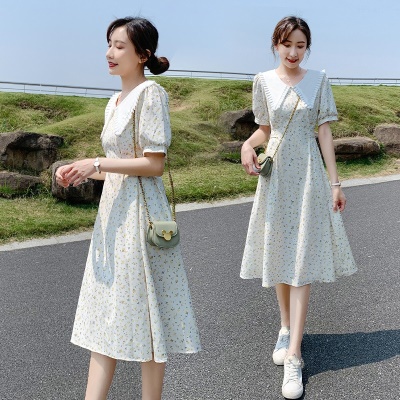 小个子娃娃领雪纺碎花连衣裙女夏季2025新款气质显瘦收腰a字裙子
