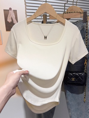 高端精致方领白色短袖t恤女装夏季锁骨显瘦小众U型下摆上衣打底衫