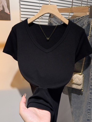 黑色V领T恤女短袖夏季性感正肩体恤修身打底衫莫代尔螺纹冰丝上衣