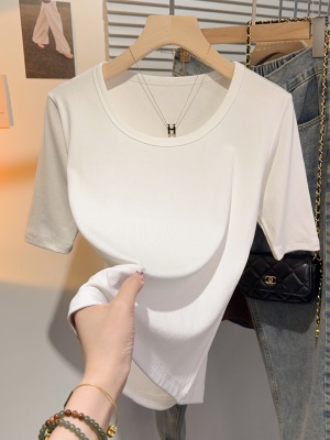 高级感甜美风中袖短袖T恤女夏正肩修身显瘦上衣u领百搭基础五分袖