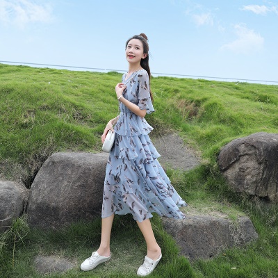 碎花雪纺连衣裙女夏装2025新款长裙收腰显瘦气质a字蛋糕裙子超仙