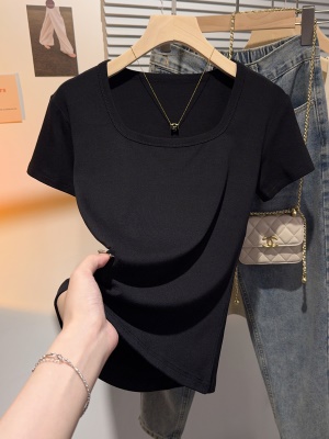 方领正肩短袖t恤女美式洋气百搭修身显瘦黑色螺纹针织冰丝小上衣