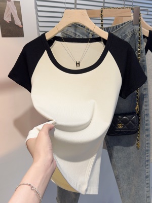 撞色插肩u领短袖T恤女2025新款高端独特气质上衣螺纹修身百搭拼接