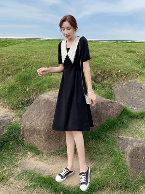 小个子黑色雪纺连衣裙女夏2025新款娃娃领气质显瘦小黑裙a字裙子