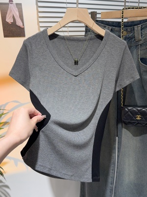 螺纹v领拼色凉感T恤女2025夏新款复古高级感短袖正肩体恤别致上衣