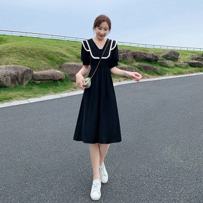 小个子高级感黑色连衣裙2025新款女泡泡袖气质收腰雪纺a字裙子夏