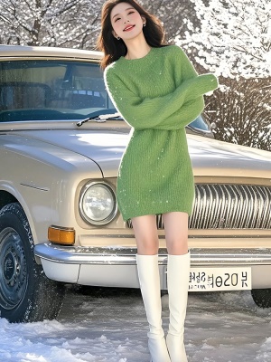 绿色针织连衣裙2025新款女春装今年流行爆款气质独特漂亮毛衣裙子