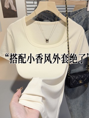 螺纹冰丝正肩方领短袖T恤女夏季新款多巴胺穿搭体恤短款低领上衣