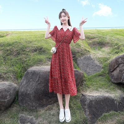 法式红色碎花雪纺连衣裙女夏季2025新款复古气质小清新娃娃领裙子