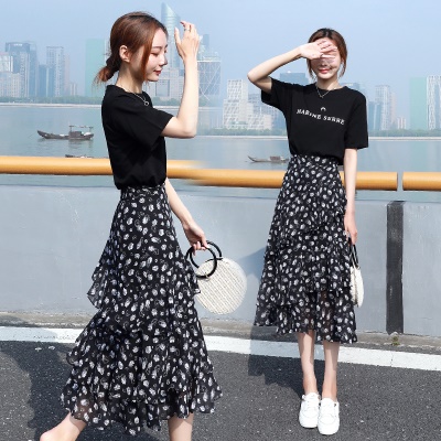 雪纺连衣裙2025夏季新款碎花时尚套装中长款T恤半身裙两件套a字裙
