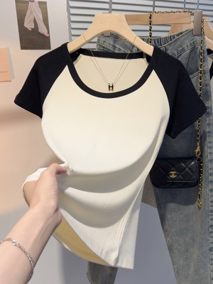 撞色插肩u领短袖T恤女2025新款高端独特气质上衣螺纹修身百搭拼接