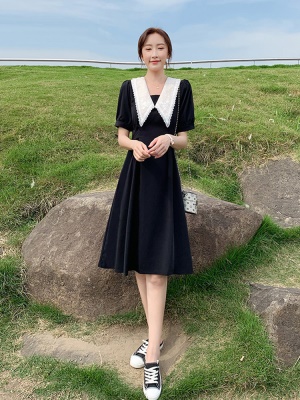 小个子黑色雪纺连衣裙女夏2025新款娃娃领气质显瘦小黑裙a字裙子