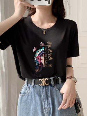 夏季冰丝短袖女t恤国潮脸谱潮牌印花体恤高级小众设计感上衣2025