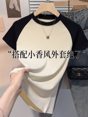 小立领插肩t恤女撞色短袖夏季款螺纹冰丝高级感圆领体恤别致上衣