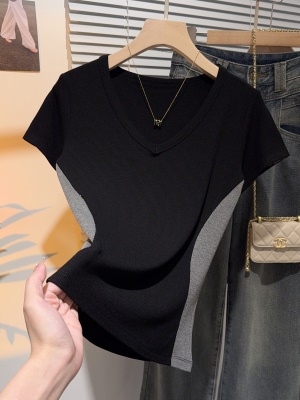 螺纹v领拼色凉感T恤女2025夏新款复古高级感短袖正肩体恤别致上衣