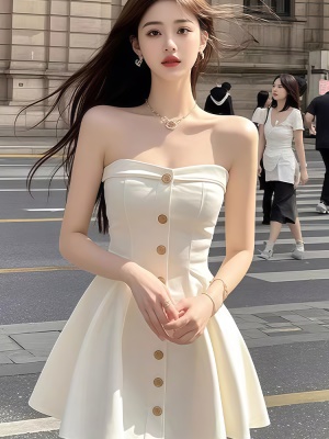 一字肩抹胸连衣裙女2025新款春夏纯欲性感超好看独特漂亮a字裙子