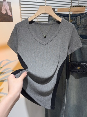 螺纹正肩小v领短袖T恤女修身显瘦设计感小众别致撞色拼接体恤上衣