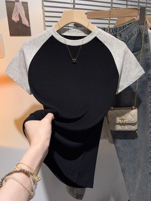 重磅小圆领修身短袖女t恤夏2025年新款插肩减龄螺纹显瘦正肩体恤