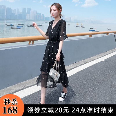 黑色波点雪纺连衣裙女夏季2025新款收腰显瘦气质v领a字裙蛋糕裙子