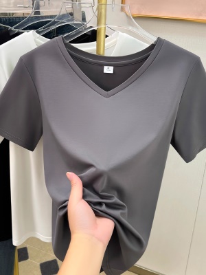 冰丝V领短袖T恤女2025新款黑色宽松显瘦时尚洋气夏季打底天丝上衣
