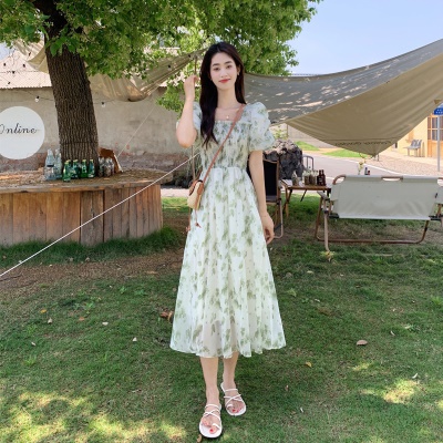 小个子碎花雪纺连衣裙女夏季2025新款泡泡袖收腰显瘦气质a字裙子