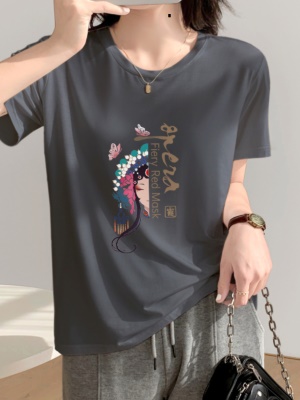 夏季冰丝短袖女t恤国潮脸谱潮牌印花体恤高级小众设计感上衣2025