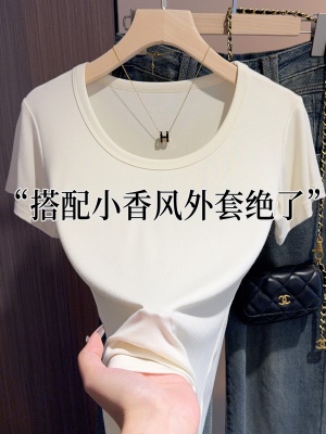 白色t恤女短袖2025年新款夏季修身螺纹高级感打底显瘦u领正肩上衣