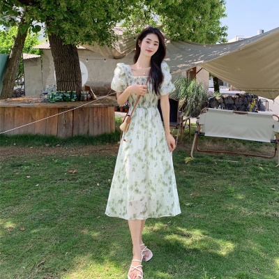 小个子碎花雪纺连衣裙女夏季2025新款泡泡袖收腰显瘦气质a字裙子