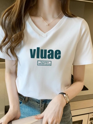 2025新款V领正肩纯棉短袖T恤女白时尚百搭减龄显瘦上衣打底衫夏季