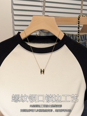 小立领插肩t恤女撞色短袖夏季款螺纹冰丝高级感圆领体恤别致上衣