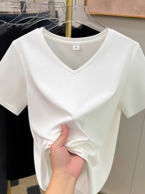 冰丝V领短袖T恤女2025新款黑色宽松显瘦时尚洋气夏季打底天丝上衣