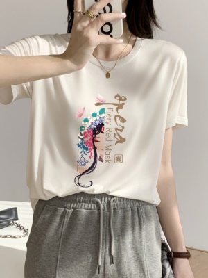 夏季冰丝短袖女t恤国潮脸谱潮牌印花体恤高级小众设计感上衣2025