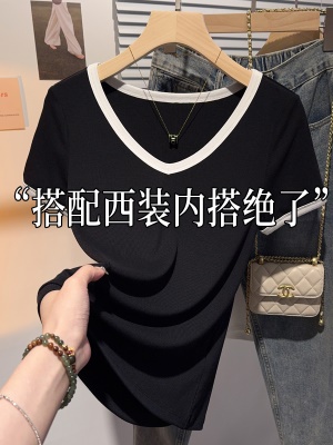 黑色螺纹冰丝短袖t恤女2025新款夏季V领撞色韩系复古减龄别致上衣