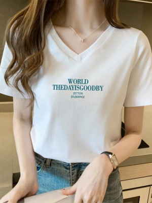 2025新款V领正肩纯棉短袖T恤女白时尚百搭减龄显瘦上衣打底衫夏季
