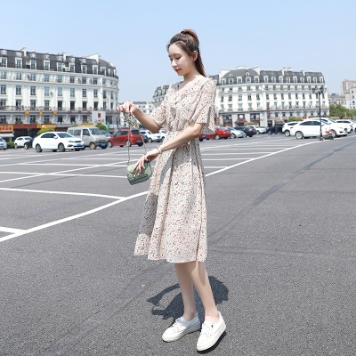 复古超仙雪纺碎花连衣裙女夏季2025年新款喇叭袖收腰显瘦a字裙子