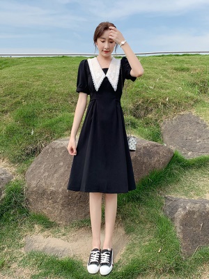 小个子黑色雪纺连衣裙女夏2025新款娃娃领气质显瘦小黑裙a字裙子