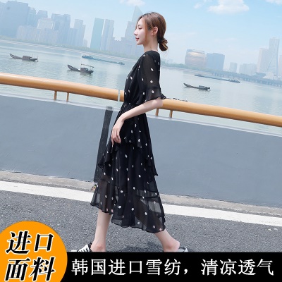 黑色波点雪纺连衣裙女夏季2025新款收腰显瘦气质v领a字裙蛋糕裙子